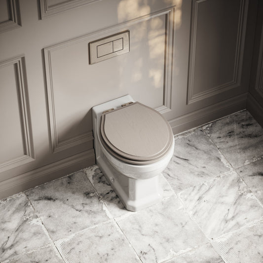 Portland Back To Wall Traditional Toilet With Solid Oak Velvet Beige Seat with Concealed Cistern and Polished Nickel Flush Plate