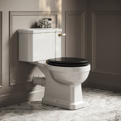 Portland Close Coupled Traditional Toilet with Solid Oak Matte Black seat (Brushed Gold Fittings)