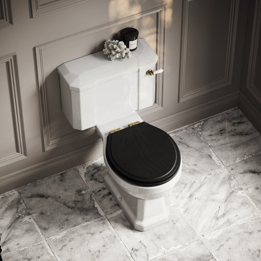 Portland Close Coupled Traditional Toilet with Solid Oak Matte Black seat (Brushed Gold Fittings)