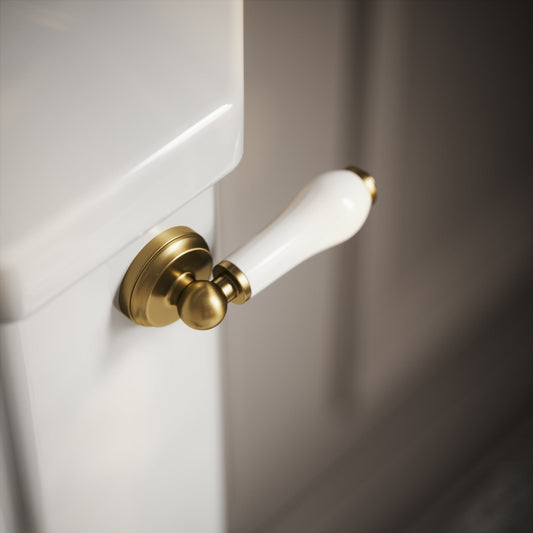 Portland Close Coupled Traditional Toilet with Solid Oak Matte Black seat (Brushed Gold Fittings)