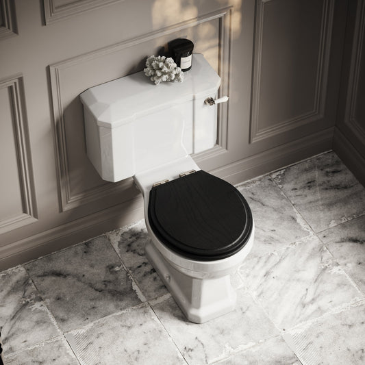 Portland Close Coupled Traditional Toilet with Solid Oak Matte Black seat (Polished Nickel Fittings)