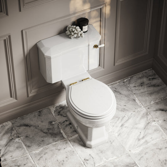 Portland Close Coupled Traditional Toilet with Solid Oak Matte White seat (Brushed Gold Fittings)