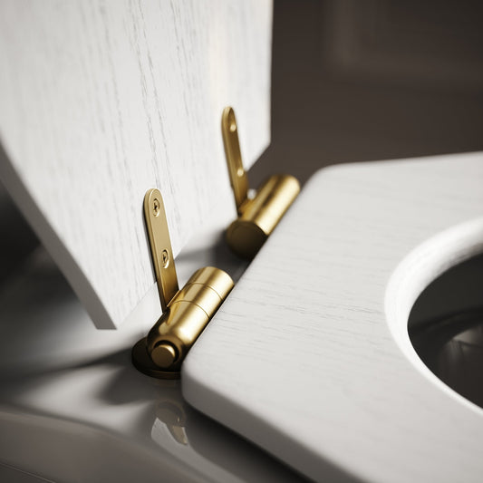 Portland Close Coupled Traditional Toilet with Solid Oak Matte White seat (Brushed Gold Fittings)