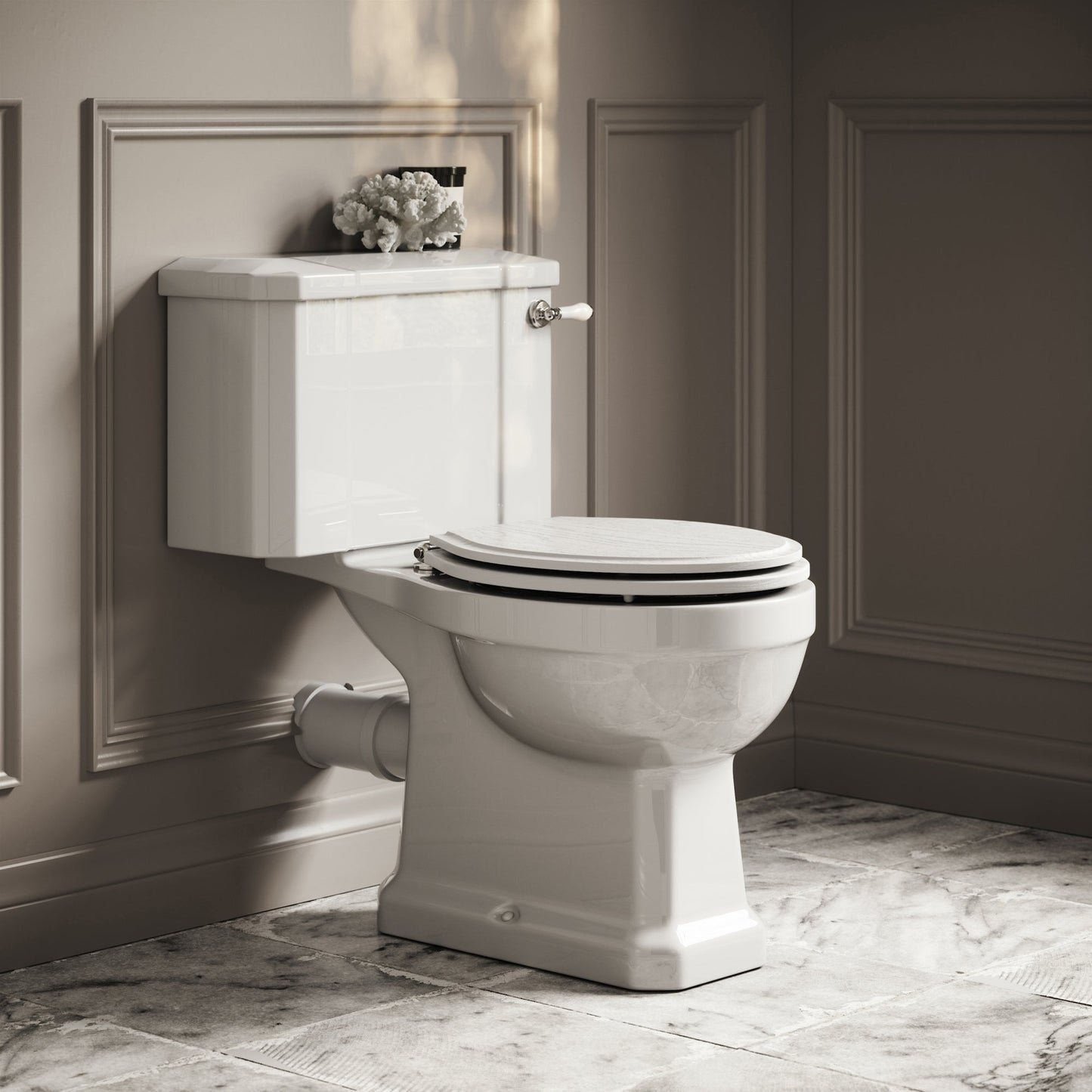Portland Close Coupled Traditional Toilet with Solid Oak Matte White seat (Chrome Fittings)