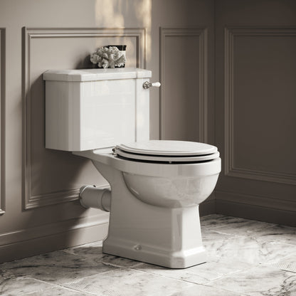 Portland Close Coupled Traditional Toilet with Solid Oak Matte White seat (Chrome Fittings)