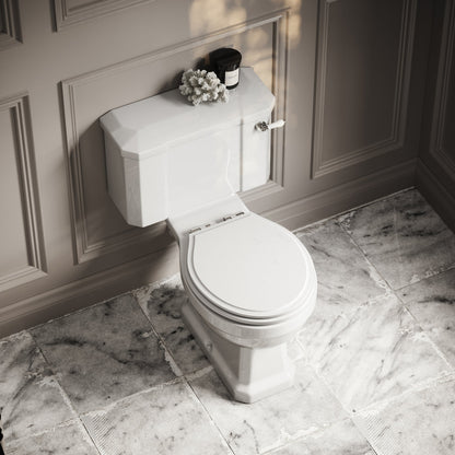 Portland Close Coupled Traditional Toilet with Solid Oak Matte White seat (Chrome Fittings)