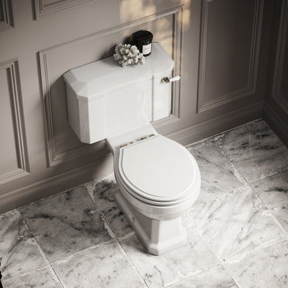 Portland Close Coupled Traditional Toilet with Solid Oak Matte White seat (Polished Nickel Fittings)