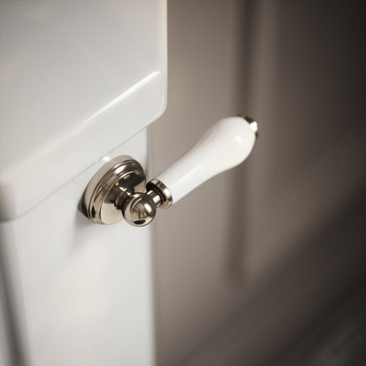 Portland Close Coupled Traditional Toilet with Solid Oak seat (Polished Nickel Fittings)