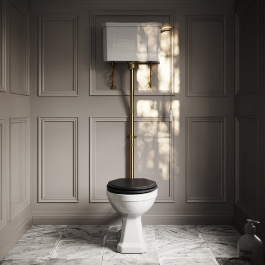 Portland High Level Traditional Toilet with Solid Oak Matte Black seat (Brushed Gold Fittings)