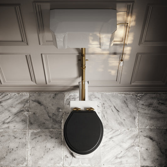 Portland High Level Traditional Toilet with Solid Oak Matte Black seat (Brushed Gold Fittings)