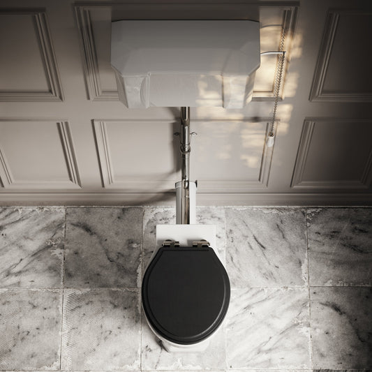 Portland High Level Traditional Toilet with Solid Oak Matte Black seat (Chrome Fittings)