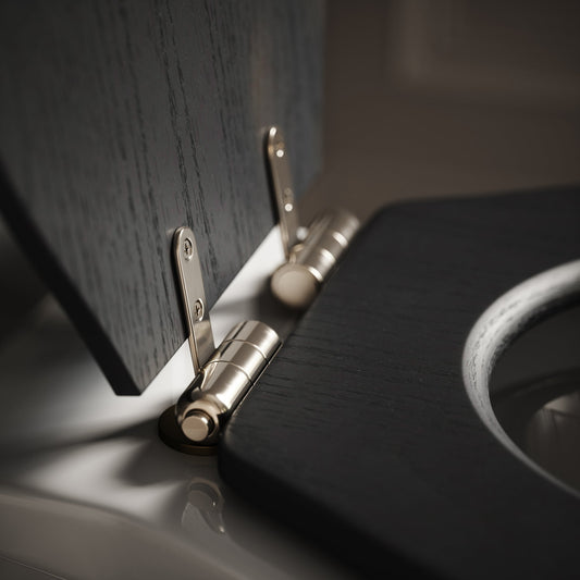 Portland High Level Traditional Toilet with Solid Oak Matte Black seat (Polished Nickel Fittings)