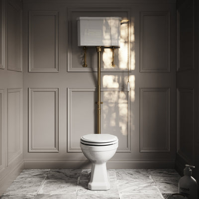 Portland High Level Traditional Toilet with Solid Oak Matte White seat (Brushed Gold Fittings)