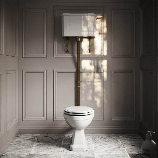 Portland High Level Traditional Toilet with Solid Oak Matte White seat (Brushed Gold Fittings)