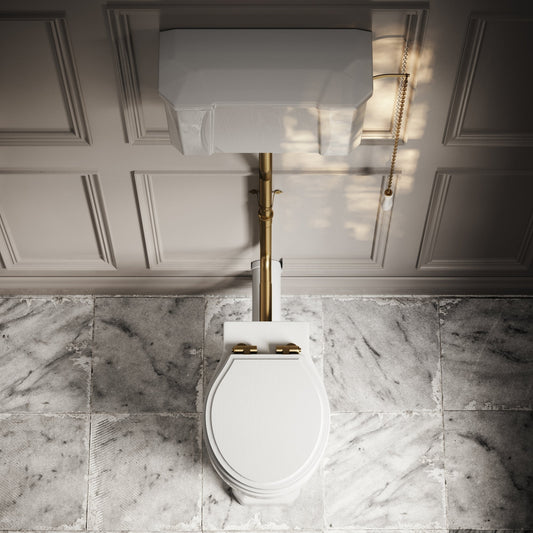Portland High Level Traditional Toilet with Solid Oak Matte White seat (Brushed Gold Fittings)
