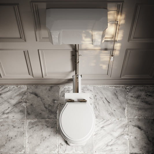 Portland High Level Traditional Toilet with Solid Oak Matte White seat (Polished Nickel Fittings)