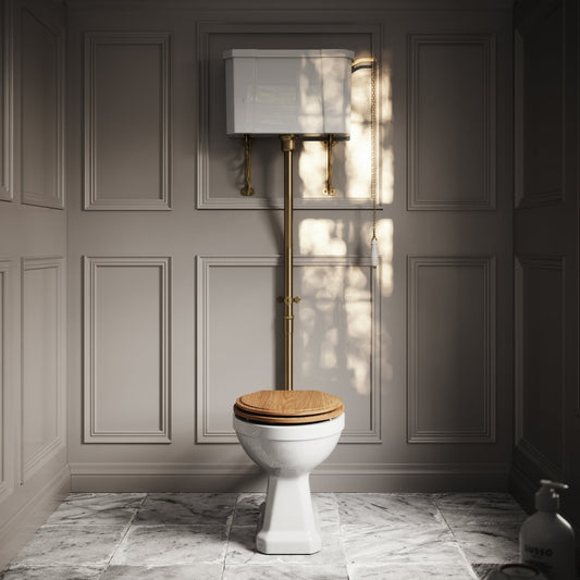 Portland High Level Traditional Toilet with Solid Oak seat (Brushed Gold Fittings)