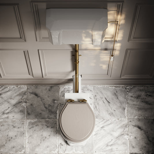 Portland High Level Traditional Toilet with Solid Oak Velvet Beige seat (Brushed Gold Fittings)
