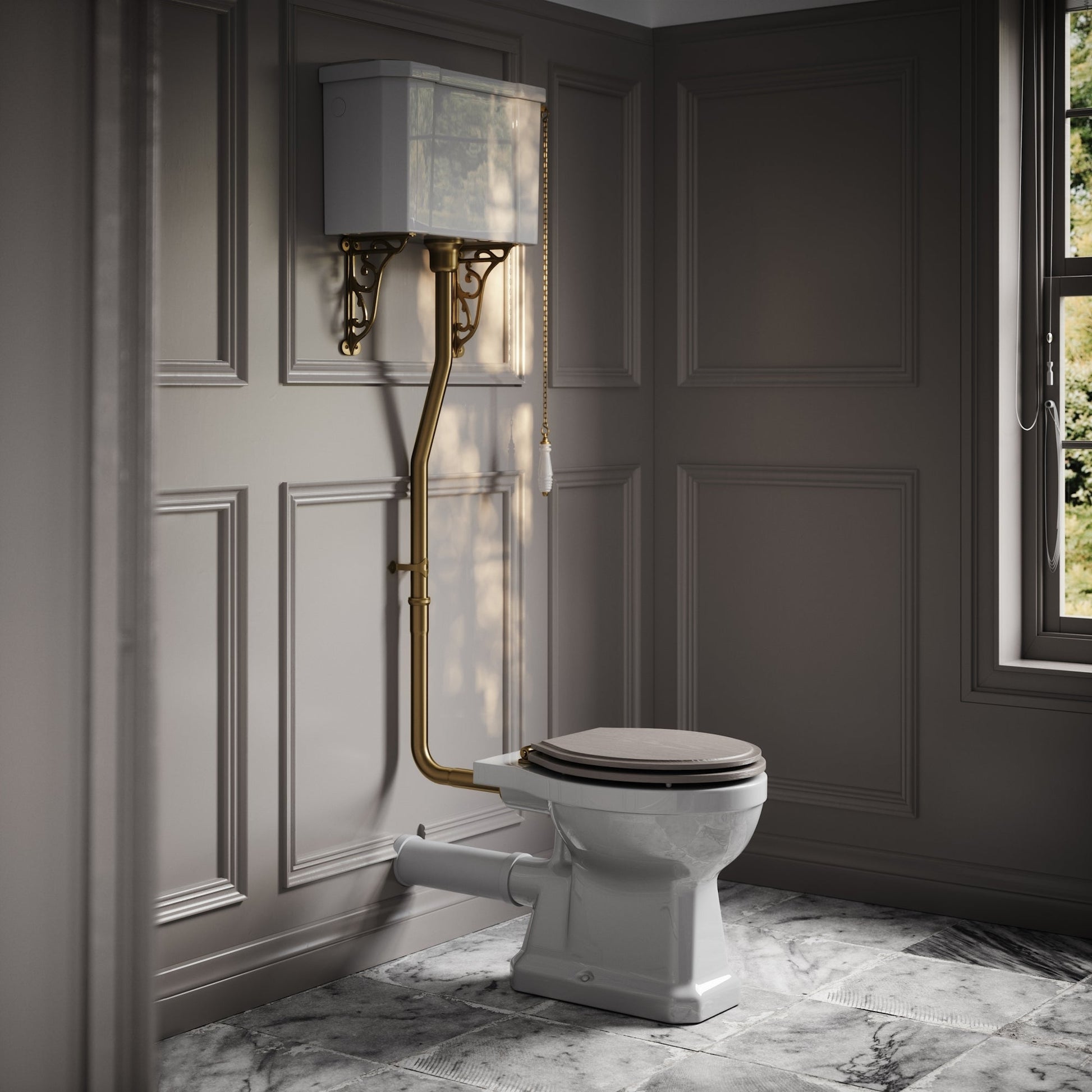 Portland High Level Traditional Toilet with Solid Oak Velvet Beige seat (Brushed Gold Fittings)