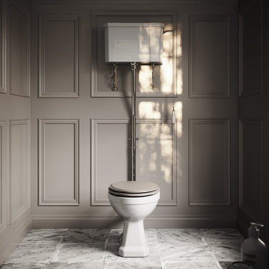 Portland High Level Traditional Toilet with Solid Oak Velvet Beige seat (Chrome Fittings)
