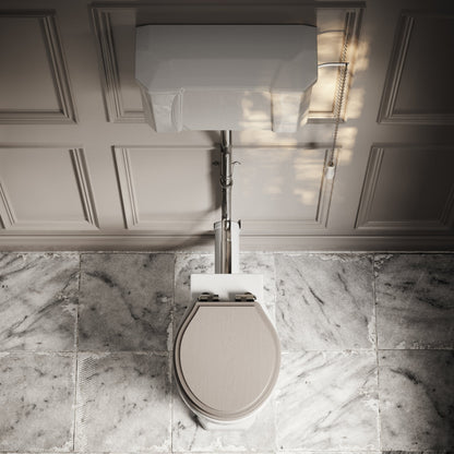 Portland High Level Traditional Toilet with Solid Oak Velvet Beige seat (Chrome Fittings)