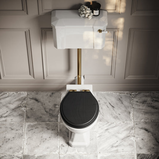 Portland Low Level Traditional Toilet with Solid Oak Matte Black seat (Brushed Gold Fittings)