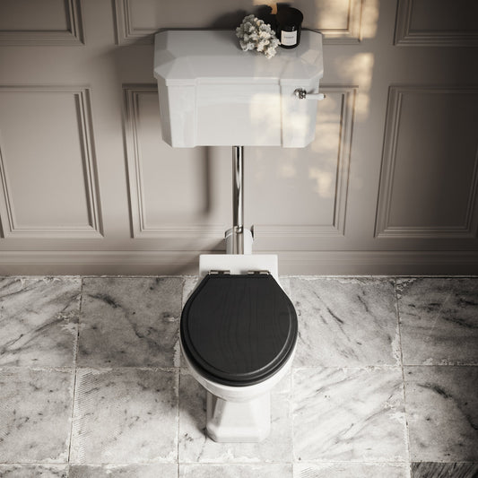Portland Low Level Traditional Toilet with Solid Oak Matte Black seat (Chrome Fittings)