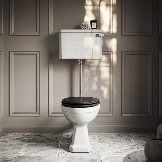 Portland Low Level Traditional Toilet with Solid Oak Matte Black seat (Polished Nickel Fittings)