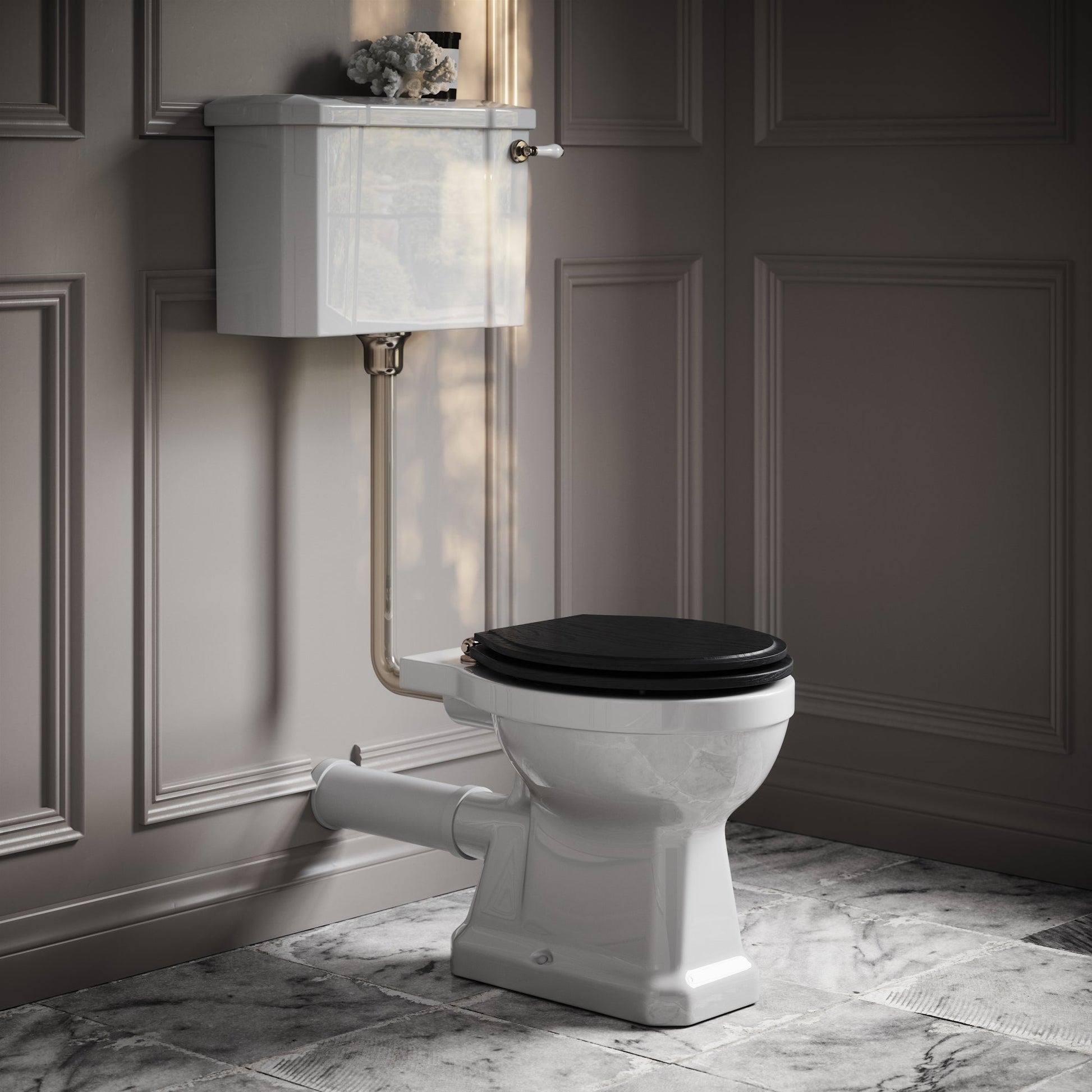 Portland Low Level Traditional Toilet with Solid Oak Matte Black seat (Polished Nickel Fittings)