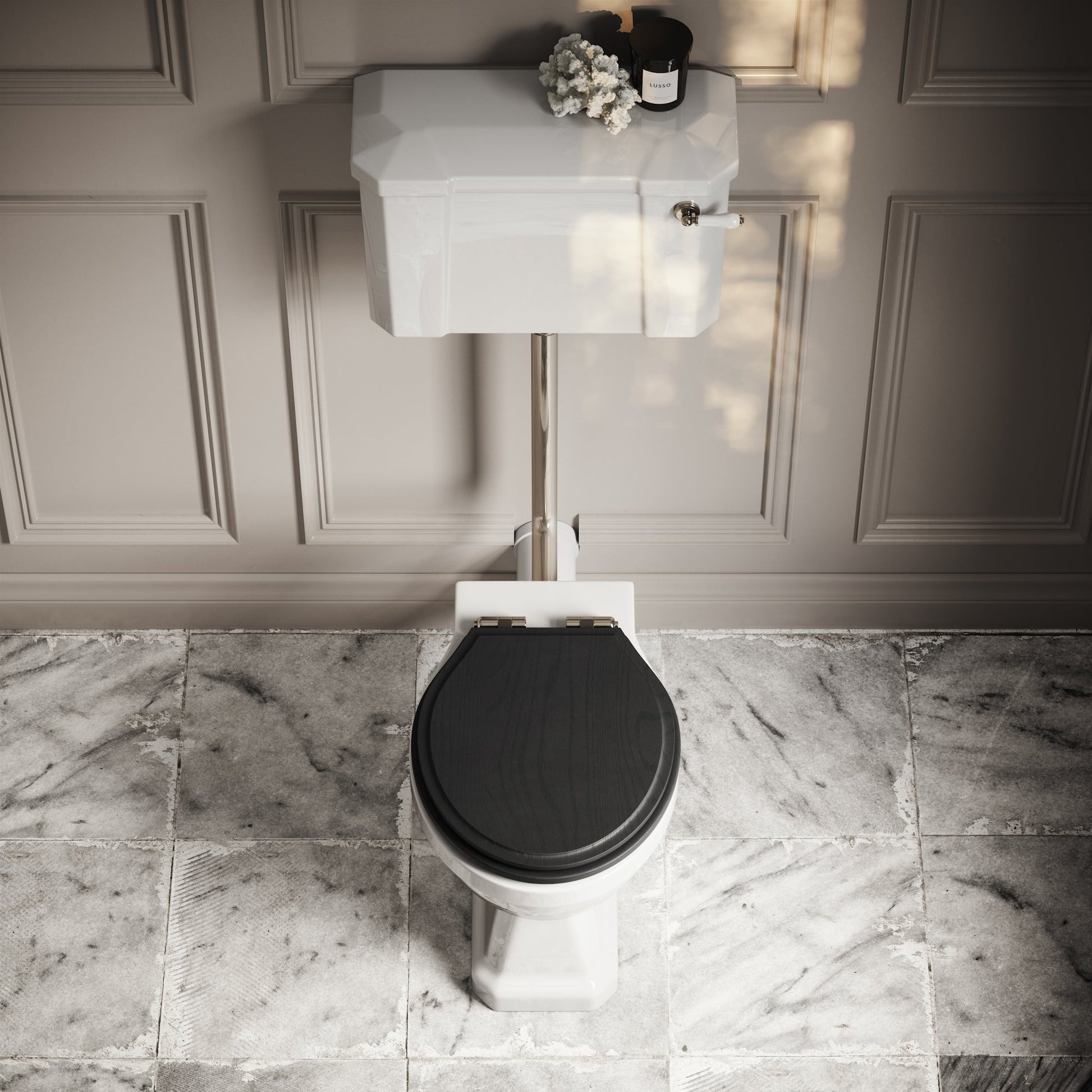 Portland Low Level Traditional Toilet with Solid Oak Matte Black seat (Polished Nickel Fittings)
