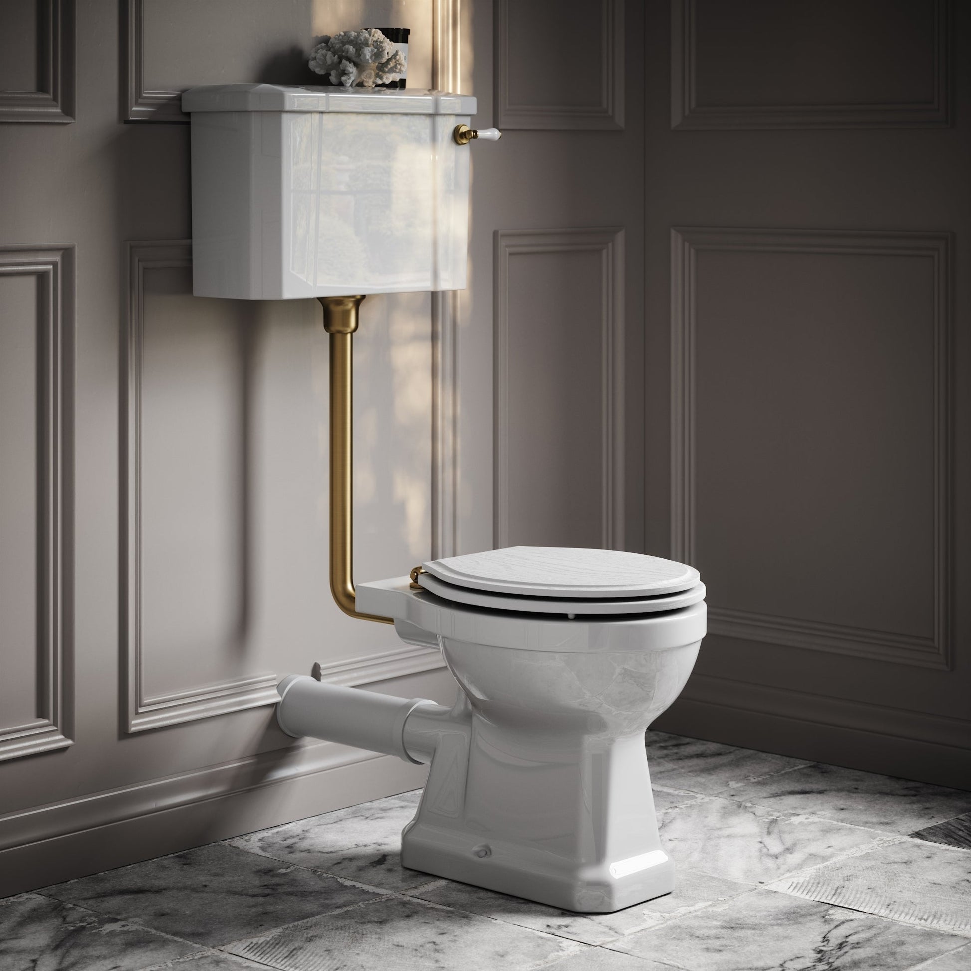 Portland Low Level Traditional Toilet with Solid Oak Matte White seat (Brushed Gold Fittings)