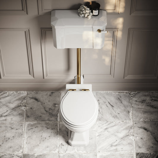 Portland Low Level Traditional Toilet with Solid Oak Matte White seat (Brushed Gold Fittings)