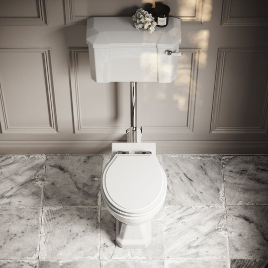 Portland Low Level Traditional Toilet with Solid Oak Matte White seat (Chrome Fittings)