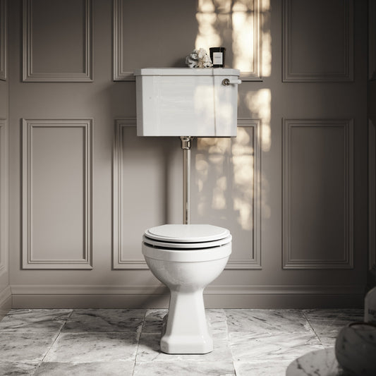 Portland Low Level Traditional Toilet with Solid Oak Matte White seat (Polished Nickel Fittings)
