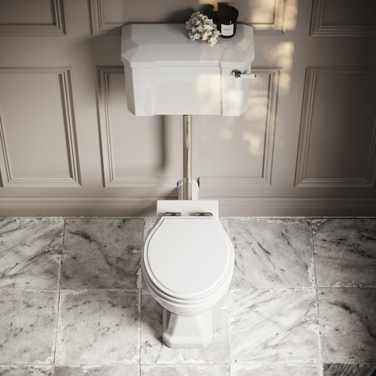 Portland Low Level Traditional Toilet with Solid Oak Matte White seat (Polished Nickel Fittings)