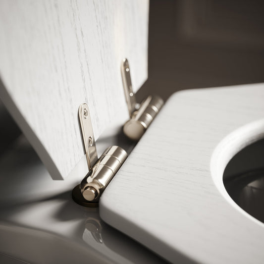 Portland Low Level Traditional Toilet with Solid Oak Matte White seat (Polished Nickel Fittings)