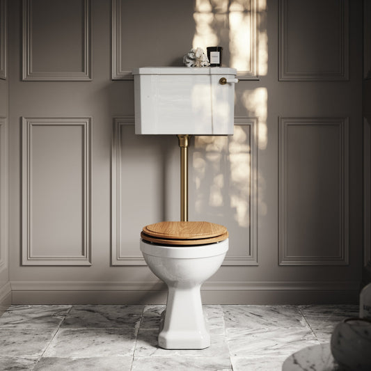 Portland Low Level Traditional Toilet with Solid Oak seat (Brushed Gold Fittings)