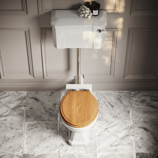 Portland Low Level Traditional Toilet with Solid Oak seat (Polished Nickel Fittings)