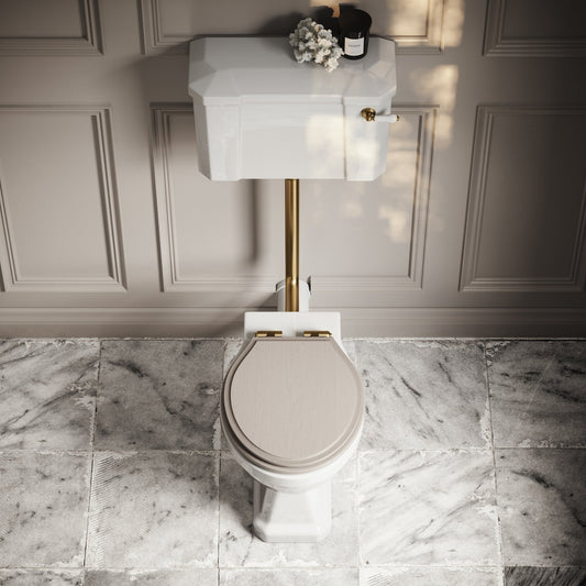 Portland Low Level Traditional Toilet with Solid Oak Velvet Beige seat (Brushed Gold Fittings)