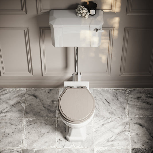 Portland Low Level Traditional Toilet with Solid Oak Velvet Beige seat (Chrome Fittings)