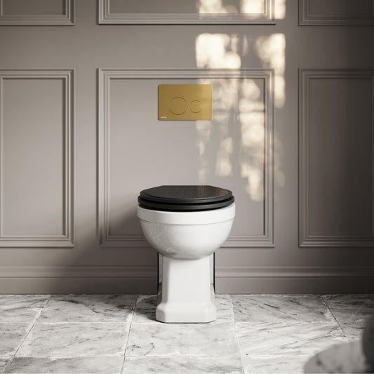 Portland Back To Wall Traditional Toilet with Solid Oak Matte Black Seat, Concealed Cistern and Round Flush Plate