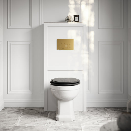 Portland Back To Wall Traditional Toilet with Solid Oak Matte Black Seat, Concealed Cistern, Round Flush Plate and Claridge Matte White WC Housing