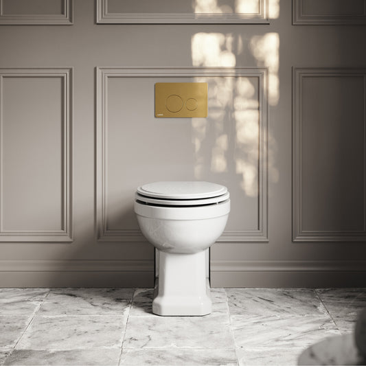 Portland Back To Wall Traditional Toilet with Solid Oak Matte White Seat, Concealed Cistern and Round Flush Plate