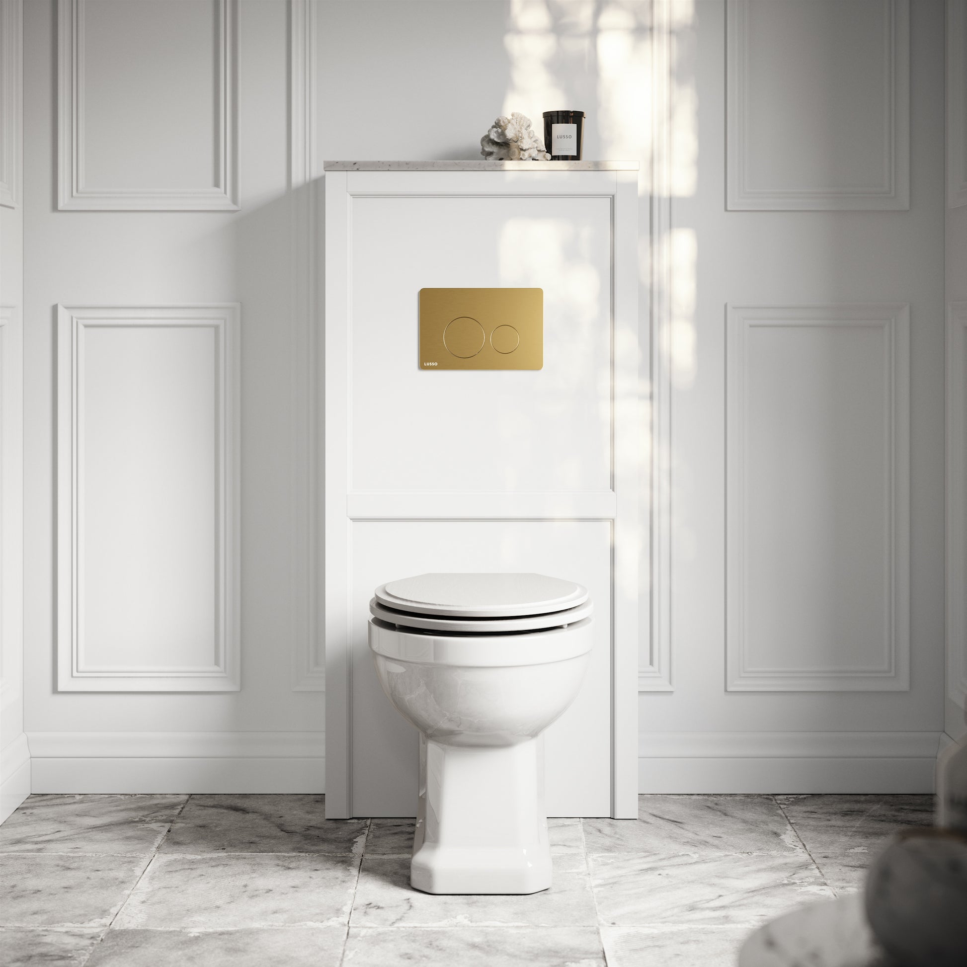 Portland Back To Wall Traditional Toilet with Solid Oak Matte White Seat, Concealed Cistern, Round Flush Plate and Claridge Matte White WC Housing