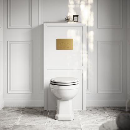 Portland Back To Wall Traditional Toilet with Solid Oak Matte White Seat, Concealed Cistern, Round Flush Plate and Claridge Matte White WC Housing