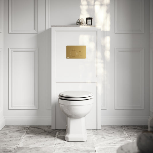 Portland Back To Wall Traditional Toilet with Solid Oak Matte White Seat, Concealed Cistern, Round Flush Plate and Claridge Matte White WC Housing