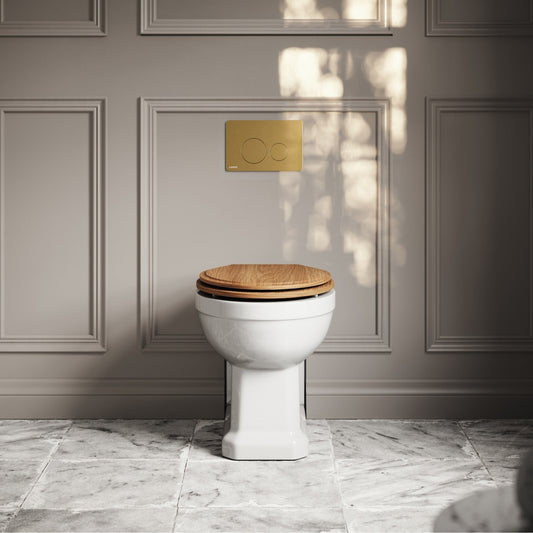 Portland Back To Wall Traditional Toilet with Solid Oak Seat, Concealed Cistern and Round Flush Plate