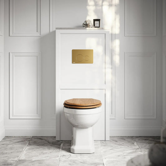 Portland Back To Wall Traditional Toilet with Solid Oak Seat, Concealed Cistern, Round Flush Plate and Claridge Matte White WC Housing