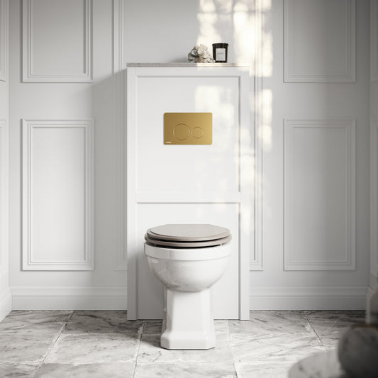 Portland Back To Wall Traditional Toilet with Solid Oak Velvet Beige Seat, Concealed Cistern, Round Flush Plate and Claridge Matte White WC Housing