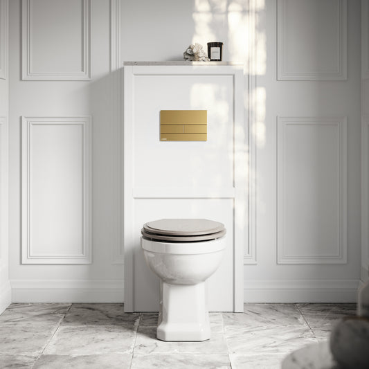 Portland Back To Wall Traditional Toilet with Solid Oak Velvet Beige Seat, Concealed Cistern, Square Flush Plate and Claridge Matte White WC Housing